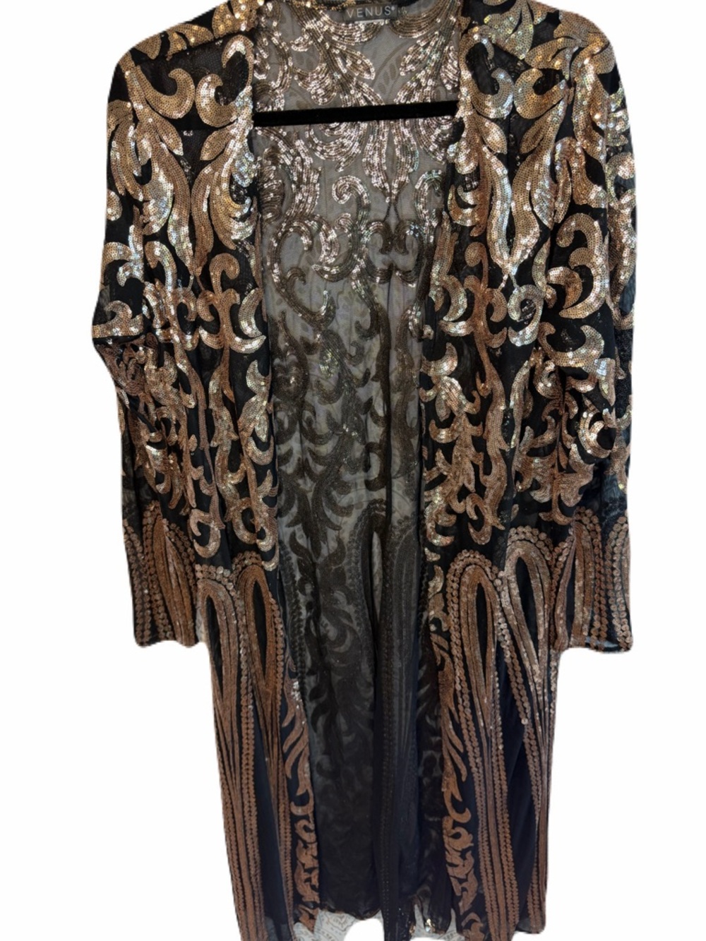 Venus Gold Sequin Black Long Open- Front Duster One Size (likely best for S-L)